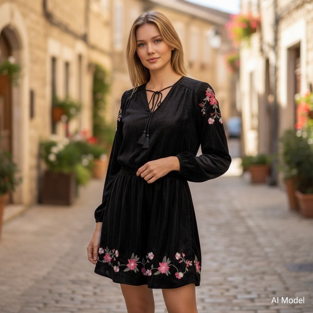 a.n.a Velvet Embroidered Dress Women Large Black Boho‎ Tassel Floral Mini